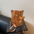 Brown faux leather crossbody phone bag with cute teddy bear print and bear keychain - Brown with Pendant