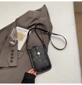 Black textured leather crossbody phone bag with letter print and gold buckle detail - Black without Pendant