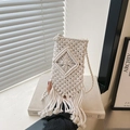 Handmade cream woven macramé crossbody phone bag with long fringe and zip closure - Off-white