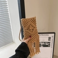 Handwoven camel straw crossbody bag for phones with bohemian tassel and long strap - Khaki