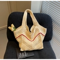 Handmade woven tote bag in cream white with red wave pattern and elegant hollow-out texture - Yellow