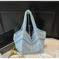 Light blue hand-knitted crochet tote bag with hollow V-shaped patterns for beach vacation - Blue