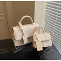 Chic beige woven patchwork crossbody bags in large and small sizes with chain straps - Rice White Large