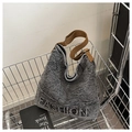 Grey washed denim hobo bag with FASHION embossed letters and adjustable brown strap - Charcoal Gray