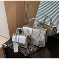 Silver woven texture shoulder bag set with stylish top handle and fine chain strap - Silver Large