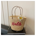 Straw handbag with pink Hello embroidery and white frangipani flower decoration - Rose Red