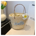 Natural straw summer handbag with blue Hello embroidery and frangipani flower - Blue