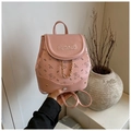 Pink lychee texture mini backpack for women featuring cute bear print and chain detail - Pink