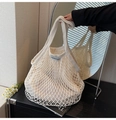 Detail of woven mesh cotton tote bag showing inner lining and handle texture - Off White