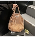Beige cotton woven tote bag with inner lining and long shoulder straps for women - Khaki
