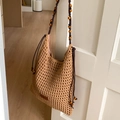 Detail of bohemian hollow-out crochet beach bag with wooden bead shoulder strap - Khaki