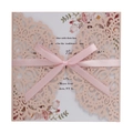 Elegant laser-cut floral wedding invitation in peach pink with silk ribbon and rose insert - Light Pink