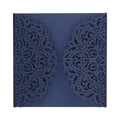 Macro view of laser-cut floral patterns on navy blue square wedding invitation cover - Fantasy Blue
