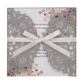 Laser cut wedding invitation with silver glitter cover and elegant white satin ribbon bow - Silver Gray