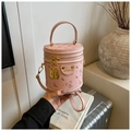 Pink cylinder bucket bag with cute bear print and gold hardware in pebble leather - Pink