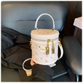 Creamy white bucket bag with cartoon bear prints and golden hardware accessories - White