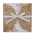 Invitation mariage découpée au laser avec dentelle kraft et ruban blanc satin - Couleur Papier Kraft