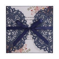 Navy blue laser-cut wedding invitation card with elegant satin bow and floral inner - Phantom Blue