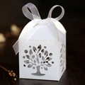 Detail of white tree design laser-cut gift box with elegant organza ribbon bow - 5x5x8CM / White