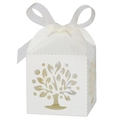 Detailed laser-cut tree design on white favor box with elegant satin ribbon bow - 5x5x8CM / Ivory