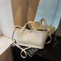 Minimalist cream white lychee grain leather tote bag with top handle and shoulder strap - Off-white