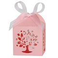Detail showing pink laser-cut tree pattern gift box with elegant white ribbon bow - 5x5x8CM / Pink