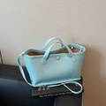 Light blue lychee pattern leather tote bag with top handles and adjustable strap - Blue