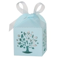 Detail of laser-cut Tree of Life candy box in light blue with white ribbon bow - 5x5x8CM / Pearl Pale Blue