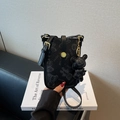 Black pebbled leather crossbody phone bag with grey bear prints and gold hardware - Black with Pendant