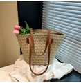 Handwoven straw tote bag with brown leather straps and tulip flowers for beach vacation - White