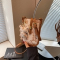 Vertical cream crossbody phone bag with brown teddy bear prints and leather strap - Cream White With Pendant