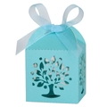 Detail of laser-cut tree design on tiffany blue candy box with elegant ribbon bow - 5x5x8CM / Tiffany Blue