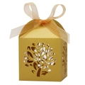 Detail showing laser-cut tree pattern on a gold favor box with a satin ribbon - 5*5*8CM / Gold