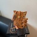 Brown contrast leather crossbody bag with teddy bear pattern and matching charm - Brown with Pendant