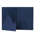 Detailed laser cut navy blue wedding card featuring a castle silhouette and horse carriage - Magic Blue