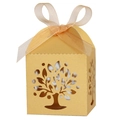 Detailed laser-cut tree of life design on gold pearlescent paper favor box with ribbon - 5x5x8CM / Gold