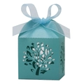 Detail of light blue laser-cut candy box with tree of life pattern and ribbon bow - 5*5*8CM / Tiffany Blue