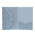 Detailed laser cut rose patterns on light blue pearlescent paper wedding invitation - Fog Blue