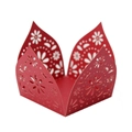 Macro view of red laser-cut candy box with floral patterns and scalloped edges - Pearlescent Red