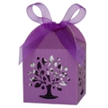 Detail of purple laser cut gift box featuring intricate tree patterns and silk ribbon bow - 5x5x8CM / Dark Purple