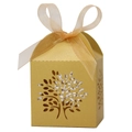 Detailed laser-cut tree pattern on a golden gift box with a matching organza ribbon bow - Gold