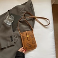 Brown leather crossbody phone bag featuring a vintage teddy bear print and adjustable strap - Brown No Pendant
