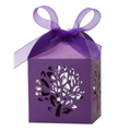 Detail of laser-cut Tree of Life candy box in purple pearlescent paper with ribbon - 5*5*8CM / Dark Purple
