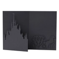 Detail of 3D laser cut black castle and horse carriage silhouette wedding card - Black