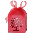 Detail of red laser-cut Tree of Life candy box with elegant organza ribbon bow - 5x5x8CM / Pearlescent Red