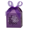 Detailed laser-cut tree design on purple cardstock candy box with sheer organza ribbon - Dark Purple