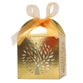 Close-up of golden tree of life laser-cut candy box with orange organza ribbon bow - 5*5*8CM / Mirror Gold
