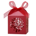 Detail of red laser-cut tree gift box with elegant matching ribbon and bow decoration - 5*5*8CM / Pearlescent Red