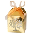 Detail of laser-cut golden tree pattern on gift box with elegant orange ribbon bow - 5x5x8CM / Reflective Gold