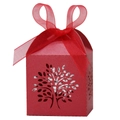 Detailed laser-cut tree of life pattern on red pearl paper candy gift box with ribbon - Pearlescent Red